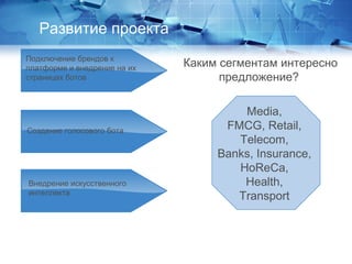 Развитие проекта
Подключение брендов к
платформе и внедрение на их
страницах ботов
Создание голосового бота
Внедрение искусственного
интеллекта
Media,
FMCG, Retail,
Telecom,
Banks, Insurance,
HoReCa,
Health,
Transport
Каким сегментам интересно
предложение?
 