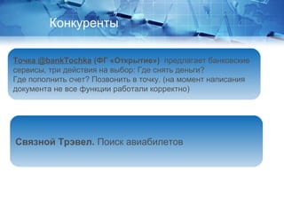 Конкуренты
Точка @bankTochka (ФГ «Открытие») предлагает банковские
сервисы, три действия на выбор: Где снять деньги?
Где пополнить счет? Позвонить в точку. (на момент написания
документа не все функции работали корректно)
Связной Трэвел. Поиск авиабилетов
 