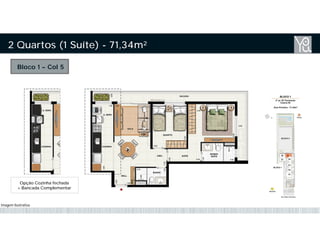Bloco 1 – Col 5
2 Quartos (1 Suíte) - 71,34m²
Opção Cozinha fechada
+ Bancada Complementar
Imagem Ilustrativa
 