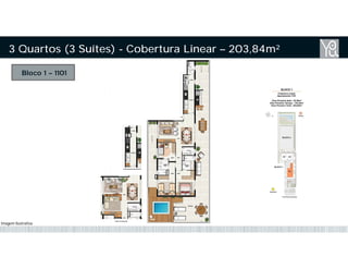Bloco 1 – 1101
3 Quartos (3 Suítes) - Cobertura Linear – 203,84m²
Imagem Ilustrativa
 