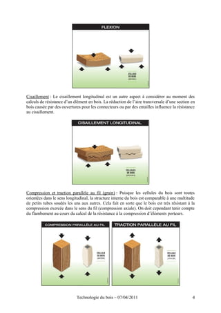 Cisaillement : Le cisaillement longitudinal est un autre aspect à considérer au moment des
calculs de résistance d’un élément en bois. La réduction de l’aire transversale d’une section en
bois causée par des ouvertures pour les connecteurs ou par des entailles influence la résistance
au cisaillement.
Compression et traction parallèle au fil (grain) : Puisque les cellules du bois sont toutes
orientées dans le sens longitudinal, la structure interne du bois est comparable à une multitude
de petits tubes soudés les uns aux autres. Cela fait en sorte que le bois est très résistant à la
compression exercée dans le sens du fil (compression axiale). On doit cependant tenir compte
du flambement au cours du calcul de la résistance à la compression d’éléments porteurs.
Technologie du bois – 07/04/2011 4
 