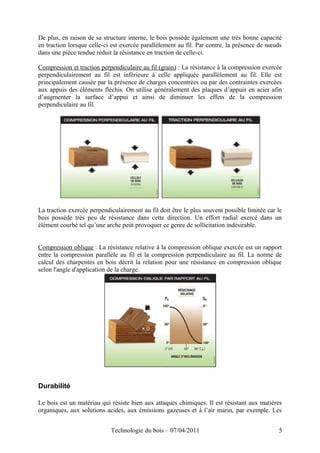 De plus, en raison de sa structure interne, le bois possède également une très bonne capacité
en traction lorsque celle-ci est exercée parallèlement au fil. Par contre, la présence de nœuds
dans une pièce tendue réduit la résistance en traction de celle-ci.
Compression et traction perpendiculaire au fil (grain) : La résistance à la compression exercée
perpendiculairement au fil est inférieure à celle appliquée parallèlement au fil. Elle est
principalement causée par la présence de charges concentrées ou par des contraintes exercées
aux appuis des éléments fléchis. On utilise généralement des plaques d’appuis en acier afin
d’augmenter la surface d’appui et ainsi de diminuer les effets de la compression
perpendiculaire au fil.
La traction exercée perpendiculairement au fil doit être le plus souvent possible limitée car le
bois possède très peu de résistance dans cette direction. Un effort radial exercé dans un
élément courbé tel qu’une arche peut provoquer ce genre de sollicitation indésirable.
Compression oblique : La résistance relative à la compression oblique exercée est un rapport
entre la compression parallèle au fil et la compression perpendiculaire au fil. La norme de
calcul des charpentes en bois décrit la relation pour une résistance en compression oblique
selon l'angle d'application de la charge.
Durabilité
Le bois est un matériau qui résiste bien aux attaques chimiques. Il est résistant aux matières
organiques, aux solutions acides, aux émissions gazeuses et à l’air marin, par exemple. Les
Technologie du bois – 07/04/2011 5
 