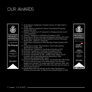 1.	 Q Spa Resort: TripAdvisor’s Travelers Choice; 15th
Best Hotel in 	
Turkey 2017
2.	 Q Ege, premium residences: Winner International Properties
Awards 2016-2017
3.	 Q Beach: TripAdvisor’s #1 restaurant in Antalya province out of
2.675 restaurants
4.	 Q Beach: TripAdvisor’s Certificate of Excellence 2018
5.	 Q Spa Resort: Winner International Properties Awards 2013-2014
6.	 Q Spa Resort: Booking.com Most Satisfied Customer Reviewed
Award 2014 - 2018 (9.3 / 10 points)
7.	 Q Spa Resort: Booking.com Most Booked Property Award 2014 -
2016
8.	 Q Spa Resort: Inside “The Guardian’s” Top 10 self-catering
apartments of Turkey 2014
9.	 Q Spa Resort: TripAdvisor’s Certificate of Excellence 2015
10.	Q Garden: TripAdvisor’s Certificate of Excellence 2014
11.	Q Garden: Winner International Properties Awards 2011
12.	Sensimar Side RESORT & SPA - IZODER (Heat, Water, Sound
Insulation and Fireproofing Material Association) “Best
Waterproofing Building 2010” award.
13.	Sensimar Side RESORT & SPA: Ranks “The World’s Best 100 Hotels”
for five consecutive years in the Holy Awards, from Europe’s
biggest tour operator TUI, based upon their customer votes. Also,
Sensimar is the only hotel in the entire area who won this prize in
the first year of service.
14.	Çolaklı Beach Park was elected, by the Urban Development
Ministry of Environment, as ‘Best Environmental Project’ in 2010.
OUR AWARDS
10 OUR AWARDS
 