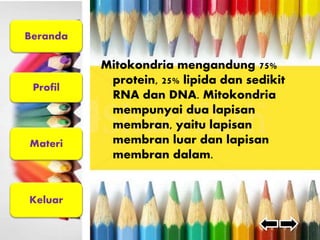 Beranda 
Profil 
Materi 
Keluar 
Mitokondria mengandung 75% 
protein, 25% lipida dan sedikit 
RNA dan DNA. Mitokondria 
mempunyai dua lapisan 
membran, yaitu lapisan 
membran luar dan lapisan 
membran dalam. 
 
