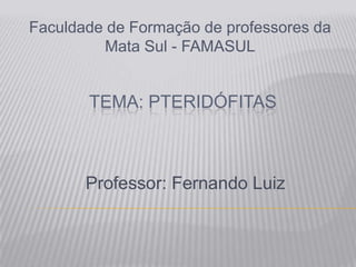 TEMA: PTERIDÓFITAS
Faculdade de Formação de professores da
Mata Sul - FAMASUL
Professor: Fernando Luiz
 