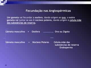 Fecundação nas Angiospérmicas 
Um gameta vai fecundar a oosfera, dando origem ao ovo, o outro 
gameta vai juntar-se aos 2 núcleos polares, dando origem à celula-mãe 
das substâncias de reserva. 
Gâmeta masculino + Oosfera Ovo ou Zigoto 
Gâmeta masculino + Núcleos Polares Célula-mãe das 
50 
substâncias de reserva 
Endosperma 
 