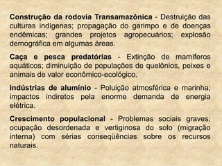 Construção da rodovia Transamazônica - Destruição das
culturas indígenas; propagação do garimpo e de doenças
endêmicas; grandes projetos agropecuários; explosão
demográfica em algumas áreas.
Caça e pesca predatórias - Extinção de mamíferos
aquáticos; diminuição de populações de quelônios, peixes e
animais de valor econômico-ecológico.
Indústrias de alumínio - Poluição atmosférica e marinha;
impactos indiretos pela enorme demanda de energia
elétrica.
Crescimento populacional - Problemas sociais graves;
ocupação desordenada e vertiginosa do solo (migração
interna) com sérias conseqüências sobre os recursos
naturais.
 