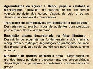 Agroindústria de açúcar e álcool, papel e celulose e
siderúrgicas - utilização de madeiras nobres, de carvão
vegetal; poluição dos cursos d‟água, do solo e do ar;
desequilíbrio ambiental - monocultura.
Transporte de combustíveis em oleodutos e gasodutos -
Desmatamento; erosão; riscos de acidentes com prejuízos
para a fauna, flora e vida humana.
Expansão urbana desordenada na faixa litorânea -
Destruição de ecossistemas fundamentais à vida marinha:
manguezais e restingas; degradação de paisagens; poluição
das praias; prejuízos sócio-econômicos para o lazer, turismo
e pesca.
Mineração de granito, calcário e areia - Degradação de
grandes áreas; poluição e assoreamento dos cursos d‟água;
degradação da paisagem e problemas sócio-econômicos
graves.
 