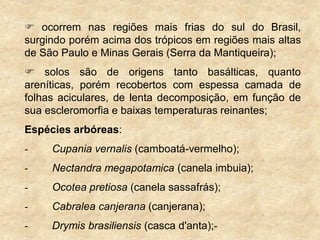  ocorrem nas regiões mais frias do sul do Brasil,
surgindo porém acima dos trópicos em regiões mais altas
de São Paulo e Minas Gerais (Serra da Mantiqueira);
 solos são de origens tanto basálticas, quanto
areníticas, porém recobertos com espessa camada de
folhas aciculares, de lenta decomposição, em função de
sua escleromorfia e baixas temperaturas reinantes;
Espécies arbóreas:
- Cupania vernalis (camboatá-vermelho);
- Nectandra megapotamica (canela imbuia);
- Ocotea pretiosa (canela sassafrás);
- Cabralea canjerana (canjerana);
- Drymis brasiliensis (casca d'anta);-
 