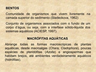 BENTOS
Comunidade de organismos que vivem livremente na
camada superior do sedimento (Sladeckova, 1962)
Conjunto de organismos associados com o fundo de um
corpo d‟água, ou seja, com a interfase sólido-liquida dos
sistemas aquáticos (ACIESP, 1997).
MACRÓFITAS AQUÁTICAS
Abrange todas as formas macroscópicas de plantas
aquáticas, desde macroalgas (Chara, Cladophora), poucas
espécies de pteridófitas (Azolla) e angiospermas que
habitam brejos, até ambientes verdadeiramente aquáticos
(hidrófitas).
 