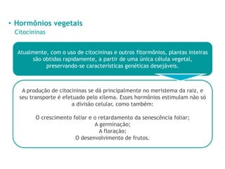 • Hormônios vegetais
Citocininas
Atualmente, com o uso de citocininas e outros fitormônios, plantas inteiras
são obtidas rapidamente, a partir de uma única célula vegetal,
preservando-se características genéticas desejáveis.
A produção de citocininas se dá principalmente no meristema da raiz, e
seu transporte é efetuado pelo xilema. Esses hormônios estimulam não só
a divisão celular, como também:
O crescimento foliar e o retardamento da senescência foliar;
A germinação;
A floração;
O desenvolvimento de frutos.
 