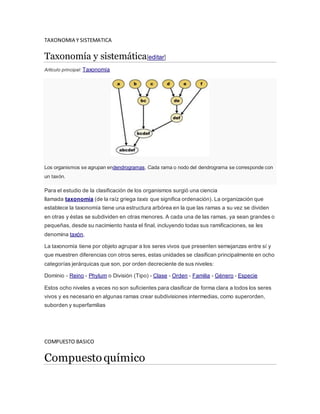 TAXONOMIA Y SISTEMATICA
Taxonomía y sistemática[editar]
Artículo principal: Taxonomía
Los organismos se agrupan endendrogramas. Cada rama o nodo del dendrograma se corresponde con
un taxón.
Para el estudio de la clasificación de los organismos surgió una ciencia
llamada taxonomía (de la raíz griega taxis que significa ordenación). La organización que
establece la taxonomía tiene una estructura arbórea en la que las ramas a su vez se dividen
en otras y éstas se subdividen en otras menores. A cada una de las ramas, ya sean grandes o
pequeñas, desde su nacimiento hasta el final, incluyendo todas sus ramificaciones, se les
denomina taxón.
La taxonomía tiene por objeto agrupar a los seres vivos que presenten semejanzas entre sí y
que muestren diferencias con otros seres, estas unidades se clasifican principalmente en ocho
categorías jerárquicas que son, por orden decreciente de sus niveles:
Dominio - Reino - Phylum o División (Tipo) - Clase - Orden - Familia - Género - Especie
Estos ocho niveles a veces no son suficientes para clasificar de forma clara a todos los seres
vivos y es necesario en algunas ramas crear subdivisiones intermedias, como superorden,
suborden y superfamilias
COMPUESTO BASICO
Compuestoquímico
 