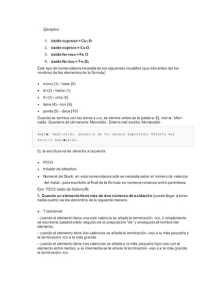 Ejemplos:
1. óxido cuproso = Cu2 O
2. óxido cúprico = Cu O
3. óxido ferroso = Fe O
4. óxido férrico = Fe2O3
Este tipo de nomenclatura necesita de los siguientes vocablos (que irán antes del los
nombres de los elementos de la fórmula)
 mono (1) - hexa (6)
 di (2) - hepta (7)
 tri (3) - octa (8)
 tetra (4) - non (9)
 penta (5) - deca (10)
Cuando se termina con las letras a u o, se elimina antes de la palabra: Ej: mono : Mon-
oxido. Quedaría de tal manera: Monóxido. Estaría mal escrito; Monooxido
Hepta: Hept-oxido. Quedaría de tal manera heptóxido; Estaría mal
escrito heptaoxido.
Ej.:la escritura va de derecha a izquierda
 P2O3
 trióxido de bifosforo
 Numeral de Stock: en esta nomenclatura solo se necesita saber el número de valencia
del metal , para escribirlo al final de la fórmula en números romanos entre paréntesis.
Ejm: P2O3 óxido de fósforo(III)
3. Cuando un elemento tiene más de dos números de oxidación (puede llegar a tener
hasta cuatro) se los denomina de la siguiente manera.
 Tradicional:
- cuando el elemento tiene una sola valencia se añade la terminación -ico, o simplemente
se escribe la palabra óxido seguido de la preposición "de" y enseguida el nombre del
elemento.
- cuando el elemento tiene dos valencias se añade la terminación -oso a la más pequeña y
la terminación -ico a la más grande
- cuando el elemento tiene tres valencias se añade a la más pequeña hipo-oso con el
elemento entre medias, a la intermedia se le añade la terminación -oso y a la más grande
la terminación -ico
 