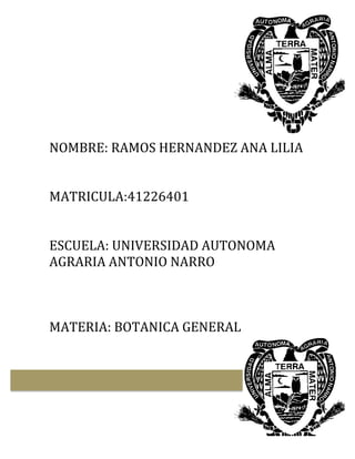  
	
  
	
  
	
  
	
  
	
  
NOMBRE:	
  RAMOS	
  HERNANDEZ	
  ANA	
  LILIA	
  
	
  
	
  
MATRICULA:41226401	
  
	
  
	
  
ESCUELA:	
  UNIVERSIDAD	
  AUTONOMA	
  
AGRARIA	
  ANTONIO	
  NARRO	
  
	
  
	
  
	
  
MATERIA:	
  BOTANICA	
  GENERAL	
  
	
  
	
  
	
  
	
  
	
  
	
  
	
  
	
  
	
  
 