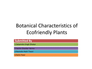 Botanical Characteristics of
Ecofriendly Plants
Submitted By
1.Satyendra Singh Dhakar
2.Sachin Shankar Verma
3.Ravindra Nath Tiwari
4.Rohit Patel
 