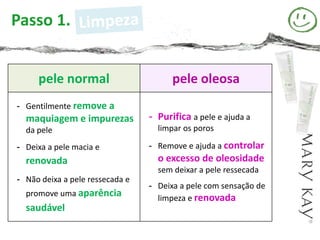 Passo 1.


     pele normal                       pele oleosa
- Gentilmente remove a
  maquiagem e impurezas          - Purifica a pele e ajuda a
  da pele                          limpar os poros

- Deixa a pele macia e           - Remove e ajuda a controlar
  renovada                         o excesso de oleosidade
                                   sem deixar a pele ressecada
- Não deixa a pele ressecada e
                                 - Deixa a pele com sensação de
  promove uma aparência
                                   limpeza e renovada
  saudável
 