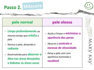 Passo 2.

      pele normal                      pele oleosa

- Limpa profundamente ao
                                 - Ajuda a limpar e minimizar a
  mesmo tempo que esfolia a
                                   aparência dos poros
  pele
- Renova a pele, deixando-a      - Absorve e controla o
  radiante                         excesso de oleosidade

- Desenvolvida para absorver o   - Deixa a pele com com
                                   aparência iluminada e
  óleo nas áreas desejadas
                                   saudável
  e hidratar as áreas secas
 
