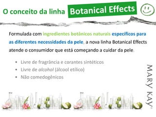 O conceito da linha

 Formulada com ingredientes botânicos naturais específicos para
 as diferentes necessidades da pele, a nova linha Botanical Effects
 atende o consumidor que está começando a cuidar da pele.

   • Livre de fragrância e corantes sintéticos
   • Livre de alcohol (álcool etílico)
   • Não comedogênicos
 