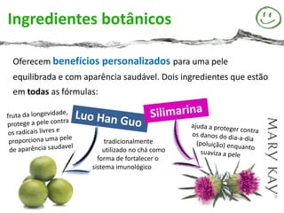 Ingredientes botânicos

Oferecem benefícios personalizados para uma pele
equilibrada e com aparência saudável. Dois ingredientes que estão
em todas as fórmulas:




                         tradicionalmente
                        utilizado no chá como
                      forma de fortalecer o
                    sistema imunológico
 