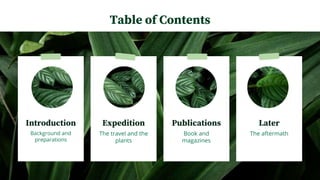 Introduction
Background and
preparations
Expedition
The travel and the
plants
Publications
Book and
magazines
Later
The aftermath
Table of Contents
 