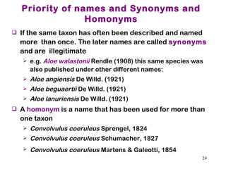 Priority of names and Synonyms and Homonyms If the same taxon has often been described and named more  than once. The later names are called  synonyms  and are  illegitimate e.g.  Aloe walastonii  Rendle (1908) this same species was also published under other different names:  Aloe angiensis  De Willd. (1921) Aloe beguaertii  De Willd. (1921) Aloe lanuriensis  De Willd. (1921) A  homonym  is a name that has been used for more than one taxon Convolvulus coeruleus  Sprengel, 1824  Convolvulus coeruleus  Schumacher, 1827  Convolvulus coeruleus  Martens & Galeotti, 1854   