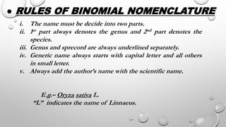 ● RULES OF BINOMIAL NOMENCLATURE
i. The name must be decide into two parts.
ii. 1st part always denotes the genus and 2nd part denotes the
species.
iii. Genus and sprecord are always underlined separately.
iv. Generic name always starts with capital letter and all others
in small letter.
v. Always add the author’s name with the scientific name.
E.g.– Oryza sativa L.
“L” indicates the name of Linnaeus.
 