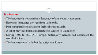 It is because:
The language is not a national language of any country at present.
European languages derived from Latin only.
Past European scholars learnt their subjects in Latin.
A lot of previous botanical literature is written in Latin only.
During 1600 to 1850 AD Europe, particularly Greece, had dominated the
world of science.
The language was Latin but the script was Roman.
 