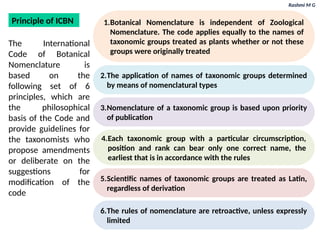 Rashmi M G
1.Botanical Nomenclature is independent of Zoological
Nomenclature. The code applies equally to the names of
taxonomic groups treated as plants whether or not these
groups were originally treated
2.The application of names of taxonomic groups determined
by means of nomenclatural types
3.Nomenclature of a taxonomic group is based upon priority
of publication
4.Each taxonomic group with a particular circumscription,
position and rank can bear only one correct name, the
earliest that is in accordance with the rules
5.Scientific names of taxonomic groups are treated as Latin,
regardless of derivation
6.The rules of nomenclature are retroactive, unless expressly
limited
Principle of ICBN
The International
Code of Botanical
Nomenclature is
based on the
following set of 6
principles, which are
the philosophical
basis of the Code and
provide guidelines for
the taxonomists who
propose amendments
or deliberate on the
suggestions for
modification of the
code
 