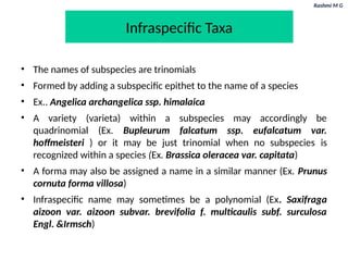 Rashmi M G
Infraspecific Taxa
• The names of subspecies are trinomials
• Formed by adding a subspecific epithet to the name of a species
• Ex.. Angelica archangelica ssp. himalaica
• A variety (varieta) within a subspecies may accordingly be
quadrinomial (Ex. Bupleurum falcatum ssp. eufalcatum var.
hoffmeisteri ) or it may be just trinomial when no subspecies is
recognized within a species (Ex. Brassica oleracea var. capitata)
• A forma may also be assigned a name in a similar manner (Ex. Prunus
cornuta forma villosa)
• Infraspecific name may sometimes be a polynomial (Ex. Saxifraga
aizoon var. aizoon subvar. brevifolia f. multicaulis subf. surculosa
Engl. &Irmsch)
 