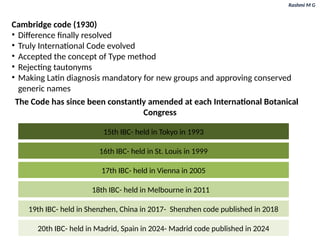 Rashmi M G
Cambridge code (1930)
• Difference finally resolved
• Truly International Code evolved
• Accepted the concept of Type method
• Rejecting tautonyms
• Making Latin diagnosis mandatory for new groups and approving conserved
generic names
The Code has since been constantly amended at each International Botanical
Congress
15th IBC- held in Tokyo in 1993
16th IBC- held in St. Louis in 1999
17th IBC- held in Vienna in 2005
18th IBC- held in Melbourne in 2011
19th IBC- held in Shenzhen, China in 2017- Shenzhen code published in 2018
20th IBC- held in Madrid, Spain in 2024- Madrid code published in 2024
 