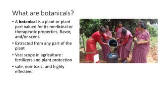 What are botanicals?
• A botanical is a plant or plant
part valued for its medicinal or
therapeutic properties, flavor,
and/or scent.
• Extracted from any part of the
plant
• Vast scope in agriculture :
fertilizers and plant protection
• safe, non-toxic, and highly
effective.
 