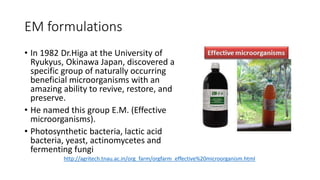 EM formulations
• In 1982 Dr.Higa at the University of
Ryukyus, Okinawa Japan, discovered a
specific group of naturally occurring
beneficial microorganisms with an
amazing ability to revive, restore, and
preserve.
• He named this group E.M. (Effective
microorganisms).
• Photosynthetic bacteria, lactic acid
bacteria, yeast, actinomycetes and
fermenting fungi
http://agritech.tnau.ac.in/org_farm/orgfarm_effective%20microorganism.html
 