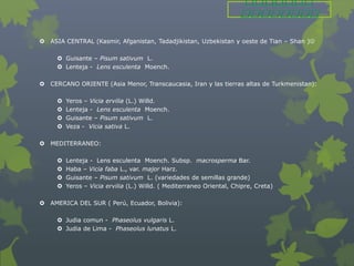  ASIA CENTRAL (Kasmir, Afganistan, Tadadjikistan, Uzbekistan y oeste de Tian – Shan )

      Guisante – Pisum sativum L.
      Lenteja - Lens esculenta Moench.

 CERCANO ORIENTE (Asia Menor, Transcaucasia, Iran y las tierras altas de Turkmenistan):

        Yeros – Vicia ervilia (L.) Willd.
        Lenteja - Lens esculenta Moench.
        Guisante – Pisum sativum L.
        Veza - Vicia sativa L.

 MEDITERRANEO:

        Lenteja - Lens esculenta Moench. Subsp. macrosperma Bar.
        Haba – Vicia faba L., var. major Harz.
        Guisante – Pisum sativum L. (variedades de semillas grande)
        Yeros – Vicia ervilia (L.) Willd. ( Mediterraneo Oriental, Chipre, Creta)

 AMERICA DEL SUR ( Perú, Ecuador, Bolivia):

      Judia comun - Phaseolus vulgaris L.
      Judia de Lima - Phaseolus lunatus L.
 