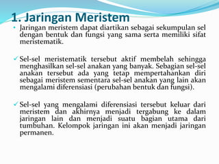 1. Jaringan Meristem
• Jaringan meristem dapat diartikan sebagai sekumpulan sel
dengan bentuk dan fungsi yang sama serta memiliki sifat
meristematik.
 Sel-sel meristematik tersebut aktif membelah sehingga
menghasilkan sel-sel anakan yang banyak. Sebagian sel-sel
anakan tersebut ada yang tetap mempertahankan diri
sebagai meristem sementara sel-sel anakan yang lain akan
mengalami diferensiasi (perubahan bentuk dan fungsi).
 Sel-sel yang mengalami diferensiasi tersebut keluar dari
meristem dan akhirnya menjadi tergabung ke dalam
jaringan lain dan menjadi suatu bagian utama dari
tumbuhan. Kelompok jaringan ini akan menjadi jaringan
permanen.
 