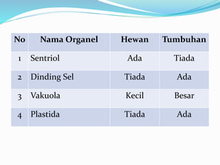 Perbedaan Sel Tumbuhan dan HewanNo Nama Organel Hewan Tumbuhan
1 Sentriol Ada Tiada
2 Dinding Sel Tiada Ada
3 Vakuola Kecil Besar
4 Plastida Tiada Ada
 
