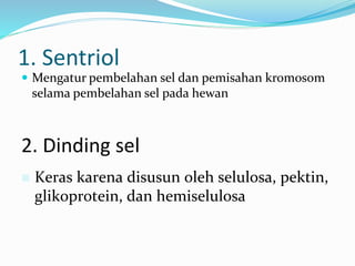 1. Sentriol
 Mengatur pembelahan sel dan pemisahan kromosom
selama pembelahan sel pada hewan
2. Dinding sel
 Keras karena disusun oleh selulosa, pektin,
glikoprotein, dan hemiselulosa
 