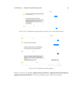 CAPITOLO 3. PROGETTAZIONE DEL BOT 35
Figura 3.29: Completamento aggiornamento annuncio con la scelta della password.
Figura 3.30: Visualizzazione delle modiﬁche.
Poich´e la struttura dei dialoghi AggiornaAnnuncioNome, AggiornaAnnuncioCognome,
AggiornaAnnuncioCellulare `e la stessa, presentiamo qui il codice C# del primo:
 