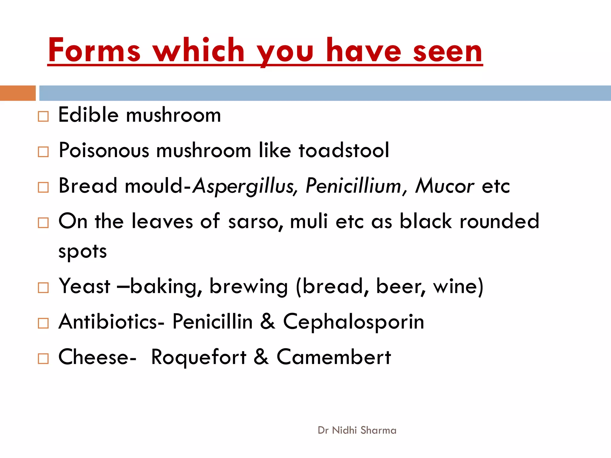 Forms which you have seen
   Edible mushroom
   Poisonous mushroom like toadstool
   Bread mould-Aspergillus, Penicillium, Mucor etc
   On the leaves of sarso, muli etc as black rounded
    spots
   Yeast –baking, brewing (bread, beer, wine)
   Antibiotics- Penicillin & Cephalosporin
   Cheese- Roquefort & Camembert

                              Dr Nidhi Sharma
 