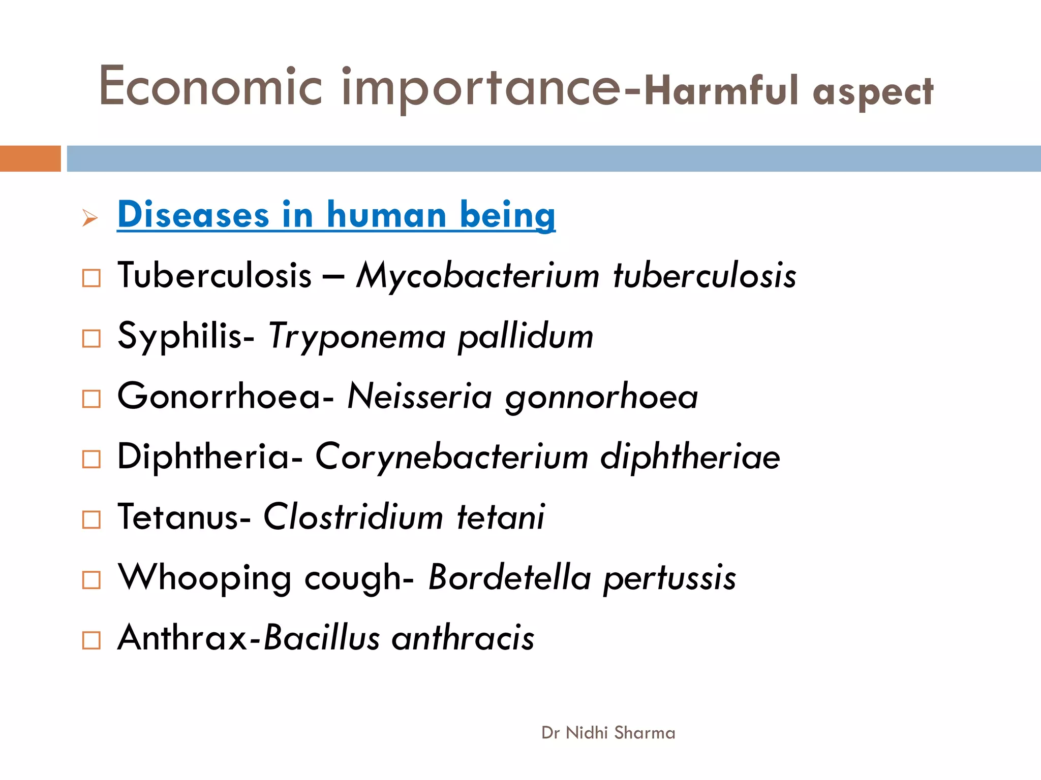 Economic importance-Harmful aspect
   Diseases in human being
   Tuberculosis – Mycobacterium tuberculosis
   Syphilis- Tryponema pallidum
   Gonorrhoea- Neisseria gonnorhoea
   Diphtheria- Corynebacterium diphtheriae
   Tetanus- Clostridium tetani
   Whooping cough- Bordetella pertussis
   Anthrax-Bacillus anthracis

                             Dr Nidhi Sharma
 