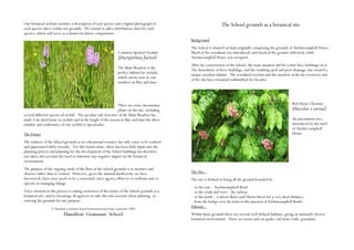Our botanical website includes a description of each species and a digital photograph of                             The School grounds as a botanical site
each species taken within our grounds. We intend to add a distribution chart for each
species, which will serve as a datum for future comparisons.
                                                                                                 Background
                                                                                                 The School is situated on land originally comprising the grounds of Auchincampbell House.
                                                                  Common Spotted Orchids         Much of the woodland was introduced, and much of the ground cultivated, while
                                                                  (Dactylorhiza fuchsii)         Auchincampbell House was occupied.
                                                                                                 After the construction of the School, the main meadow did for a time have buildings on it.
                                                                  The Main Meadow is the
                                                                                                 The demolition of these buildings, and the resulting spoil and poor drainage, has created a
                                                                  perfect habitat for orchids,
                                                                                                 unique meadow habitat. The woodland sections and the meadow at the far (western) end
                                                                  which can be seen in vast
                                                                                                 of the site have remained undisturbed for decades.
                                                                  numbers in May and June




                                                               There are some uncommon                                                                              Red Horse Chestnut
                                                               plants on the site, including                                                                        (Aesculus x carnea)
several different species of orchid. The peculiar sub-structure of the Main Meadow has
made it an ideal home to orchids and in the height of the season in May and June the sheer                                                                          An uncommon tree,
number and exuberance of our orchids is spectacular.                                                                                                                introduced by the laird
                                                                                                                                                                    of Auchin-campbell
The Future                                                                                                                                                          House

The richness of the School grounds as an educational resource has only come to be realised
and appreciated fairly recently. For this reason alone, there has been little input into the
planning process and planning for the development of the School buildings has therefore
not taken into account the need to minimise any negative impact on the botanical
environment.
The purpose of the ongoing study of the flora of the School grounds is to monitor and
observe rather than to control. However, given the unusual biodiversity we have                  The Site
discovered, there now needs to be a concerted, inter-agency effort to co-ordinate and co-        The site is defined as being all the ground bounded by :
operate in managing change.
                                                                                                 - to the east : Auchincampbell Road
A key element in this process is raising awareness of the nature of the School grounds as a      - to the south and west : the railway
botanical site, and to encourage all agencies to take this into account when planning, or        - to the north : Cadzow Burn (and Union Street for a very short distance,
entering the grounds for any purpose.                                                              from the bridge over the burn to the junction of Auchincampbell Road)
                                                                                                 Habitats
                  © Hamilton Grammar School Environmental Group, September 2005
                           Hamilton Grammar School                                               Within these grounds there are several well-defined habitats, giving an unusually diverse
                                                                                                 botanical environment. There are lawns and car-parks, old stone walls, grassland,
 