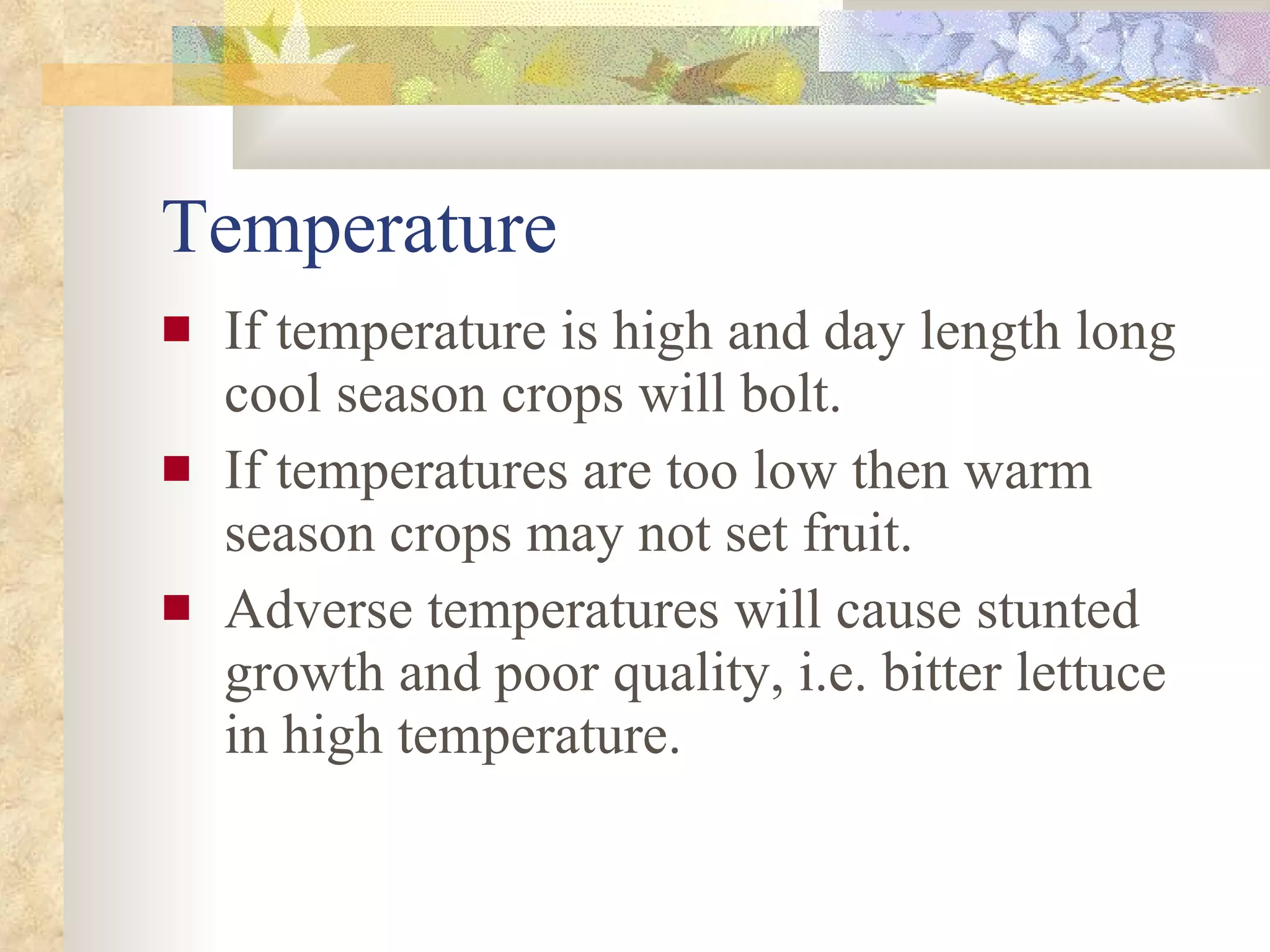 Temperature If temperature is high and day length long cool season crops will bolt. If temperatures are too low then warm season crops may not set fruit. Adverse temperatures will cause stunted growth and poor quality, i.e. bitter lettuce in high temperature.  