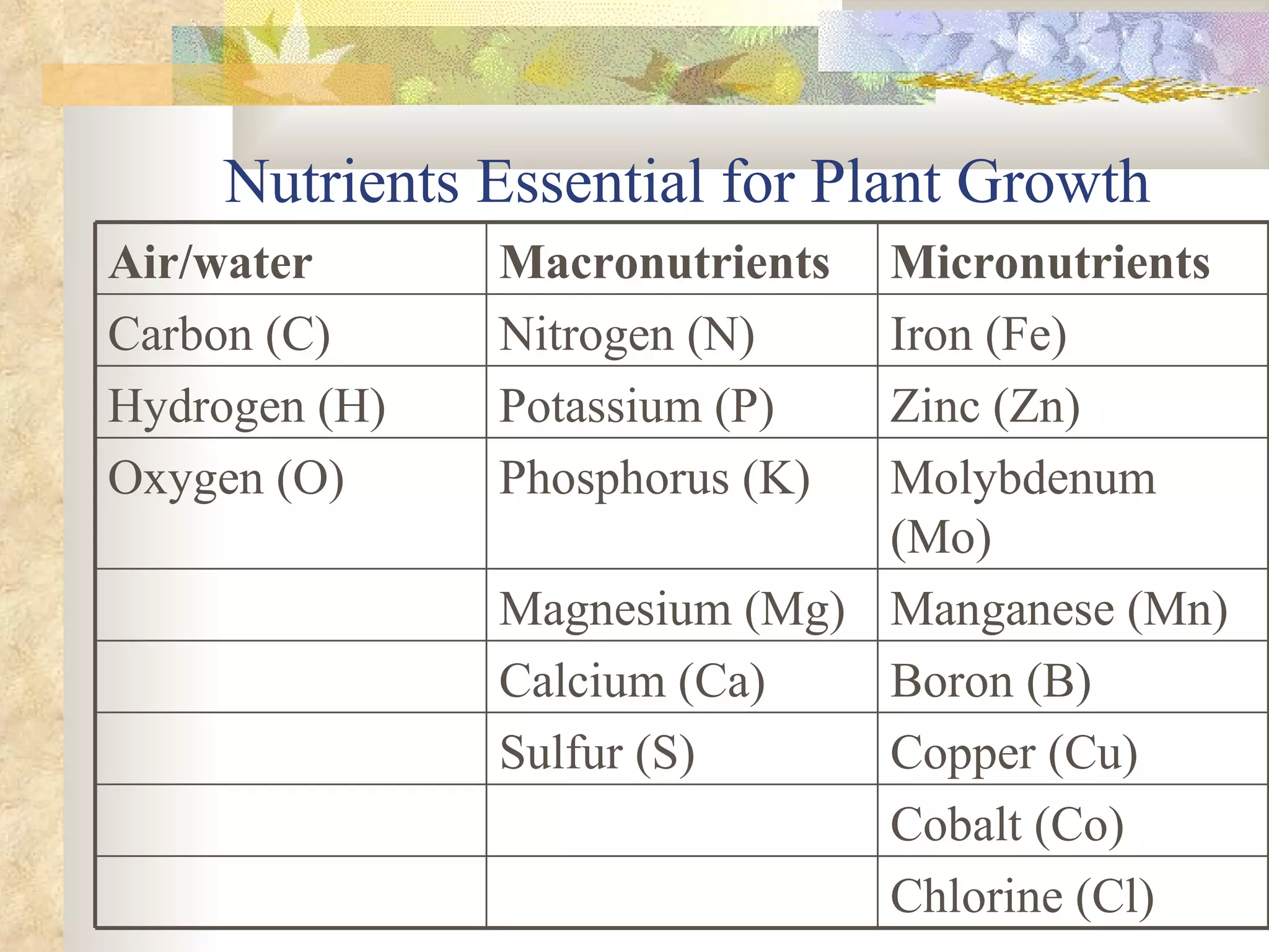 Nutrients Essential for Plant Growth Chlorine (Cl) Cobalt (Co) Copper (Cu) Sulfur (S) Boron (B) Calcium (Ca) Manganese (Mn) Magnesium (Mg) Molybdenum (Mo) Phosphorus (K) Oxygen (O) Zinc (Zn) Potassium (P) Hydrogen (H) Iron (Fe) Nitrogen (N) Carbon (C) Micronutrients Macronutrients Air/water   