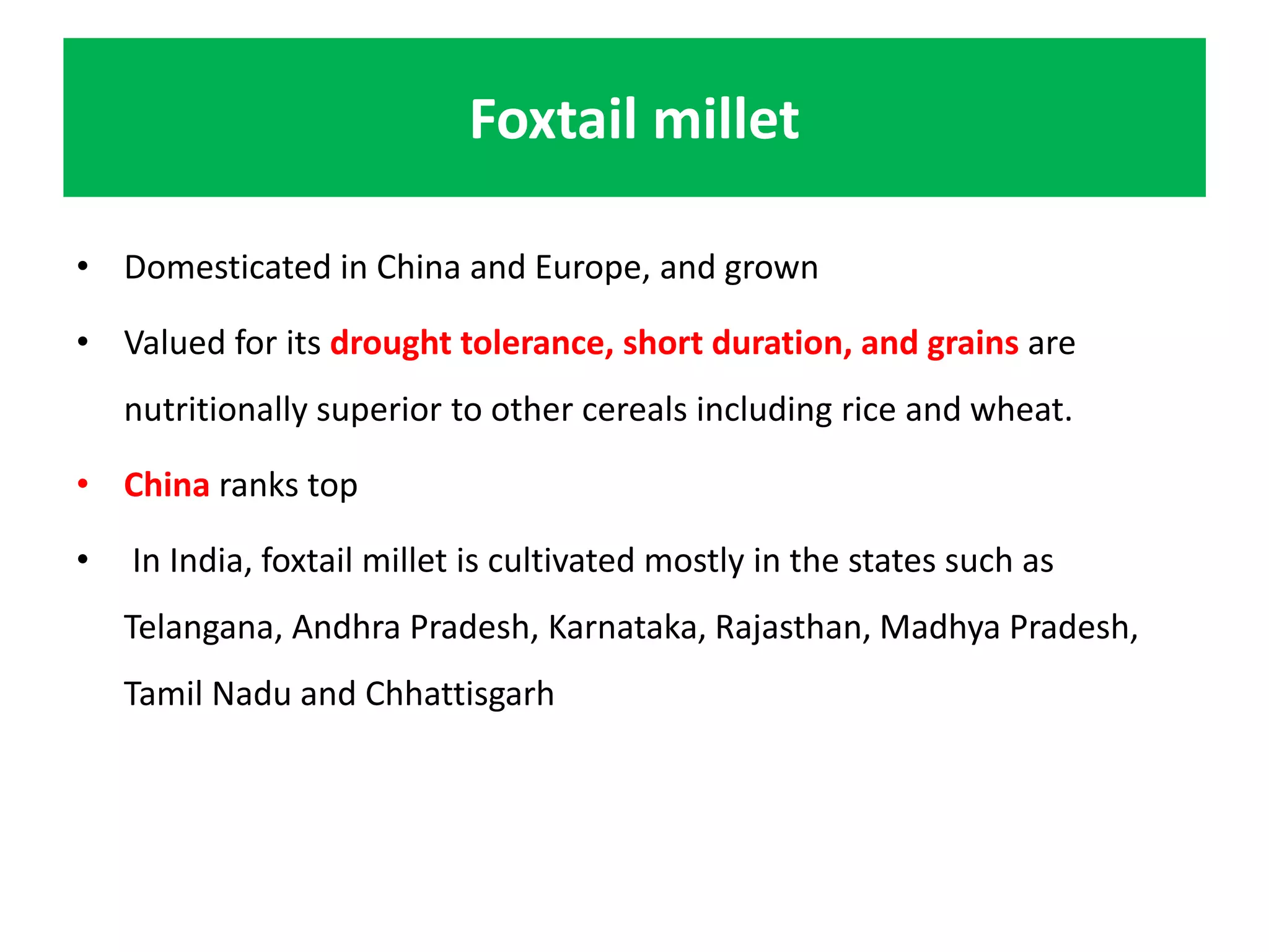 Foxtail millet
• Domesticated in China and Europe, and grown
• Valued for its drought tolerance, short duration, and grains are
nutritionally superior to other cereals including rice and wheat.
• China ranks top
• In India, foxtail millet is cultivated mostly in the states such as
Telangana, Andhra Pradesh, Karnataka, Rajasthan, Madhya Pradesh,
Tamil Nadu and Chhattisgarh
 