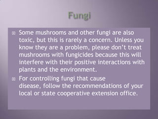 FungiSome mushrooms and other fungi are also toxic, but this is rarely a concern. Unless you know they are a problem, please don’t treat mushrooms with fungicides because this will interfere with their positive interactions with plants and the environment.For controlling fungi that cause disease, follow the recommendations of your local or state cooperative extension office.