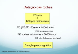 © Biologia (Botânica) 2012/13 Francisco Carrapiço
Datação das rochas
Fósseis
+
Isótopos radioactivos
14C (14C/12C) fósseis < 50000 anos
(5700 anos semi-vida)
40K rochas vulcânicas > 50000 anos
(1,3 mil milhões anos semi-vida)
Datação paleomagnética
 