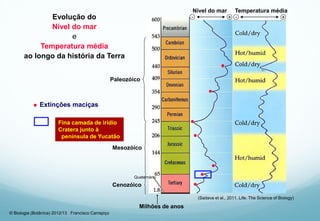 © Biologia (Botânica) 2012/13 Francisco Carrapiço
Quaternário
Paleozóico
Milhões de anos
Mesozóico
Cenozóico
Nível do mar Temperatura média
- +- +Evolução do
Nível do mar
e
Temperatura média
ao longo da história da Terra
Extinções maciças•
•
•
•
•
•
•
•
Fina camada de irídio
Cratera junto à
península de Yucatão
(Sadava et al., 2011. Life. The Science of Biology)
 