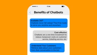 Benefits of Chatbots
Understand Your Customers
Retrieve data about your customers
from their conversation in the bot
Cost-effective
Chatbots are a one time investment to
reduce manpower costs on customer
service, ticketing service, etc.
Available 24/7
Chatbots never fall asleep! They’ll be ready
to serve you anytime and anywhere
17:44
 