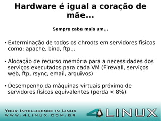 Hardware é igual a coração de
                 mãe...
                    Sempre cabe mais um...


●   Exterminação de todos os chroots em servidores físicos
    como: apache, bind, ftp...

●   Alocação de recurso memória para a necessidades dos
    serviços executados para cada VM (Firewall, serviços
    web, ftp, rsync, email, arquivos)

●   Desempenho da máquinas virtuais próximo de
    servidores físicos equivalentes (perda < 8%)
 