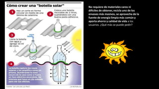 No requiere de materiales caros ni
difíciles de obtener, recicla uno de los
envases más masivos, se aprovecha de la
fuente de energía limpia más común y
aporta ahorro y calidad de vida a los
usuarios. ¿Qué más se puede pedir?
 