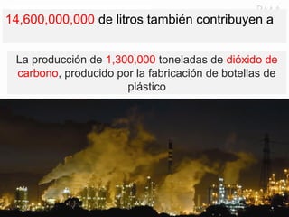 14,600,000,000 de litros también contribuyen a
La producción de 1,300,000 toneladas de dióxido de
carbono, producido por la fabricación de botellas de
plástico
 